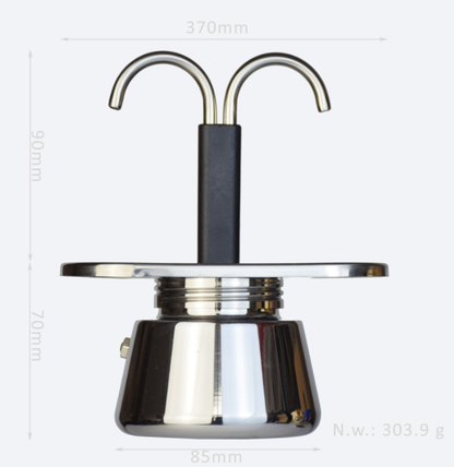 Metallic object with hooks and measurements on a white background