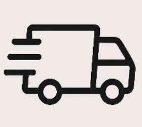 Black icon of a delivery truck with speed lines on a white background