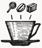 Black and white illustration of a coffee filter, coffee beans, and a coffee cup on a circular background.