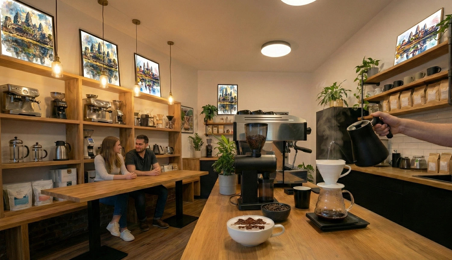 Coffee shop interior with customers at a counter and coffee-making equipment.